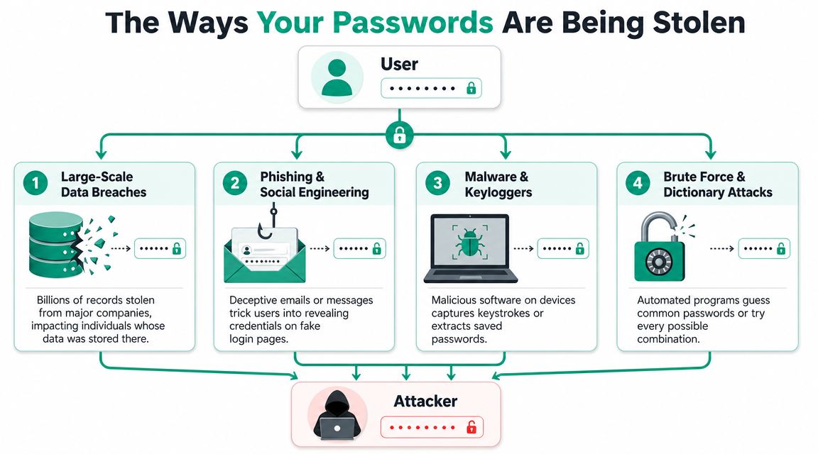 A diagram illustrating four common methods attackers use to steal user passwords and compromise account security.