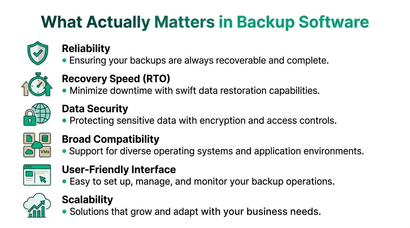 A list infographic highlighting six essential features of effective backup software, including reliability and scalability.