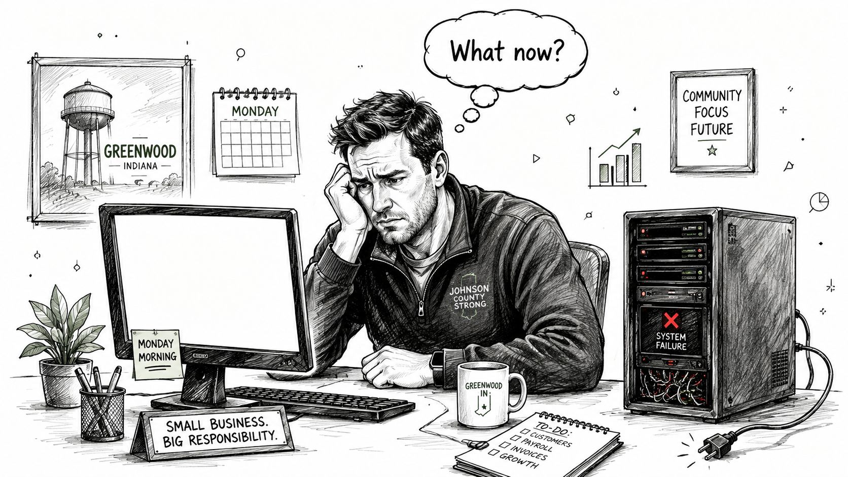 A frustrated businessman sitting at his desk experiencing a server system failure during a busy Monday morning.