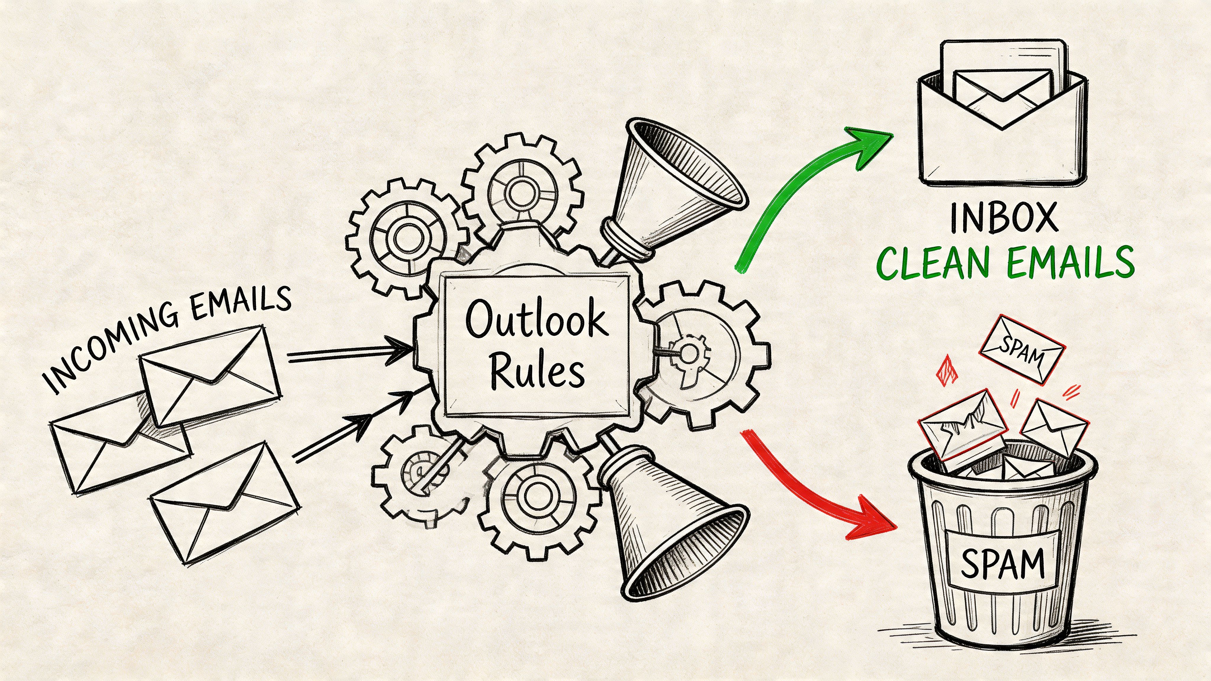 A diagram illustrating how Outlook rules filter incoming emails between a clean inbox and a spam folder.