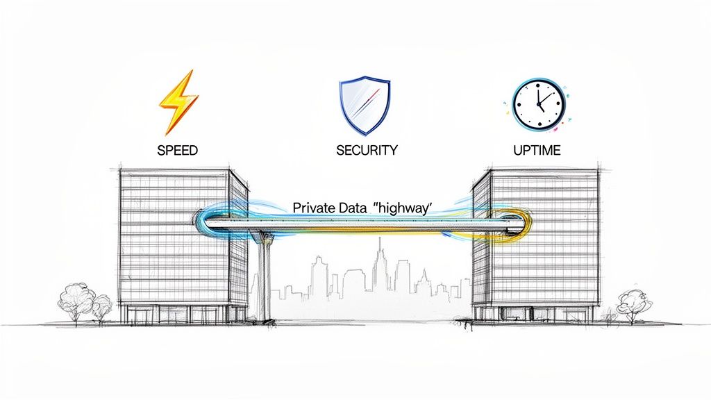 Illustration of a private data highway connecting two buildings, highlighting speed, security, and uptime.