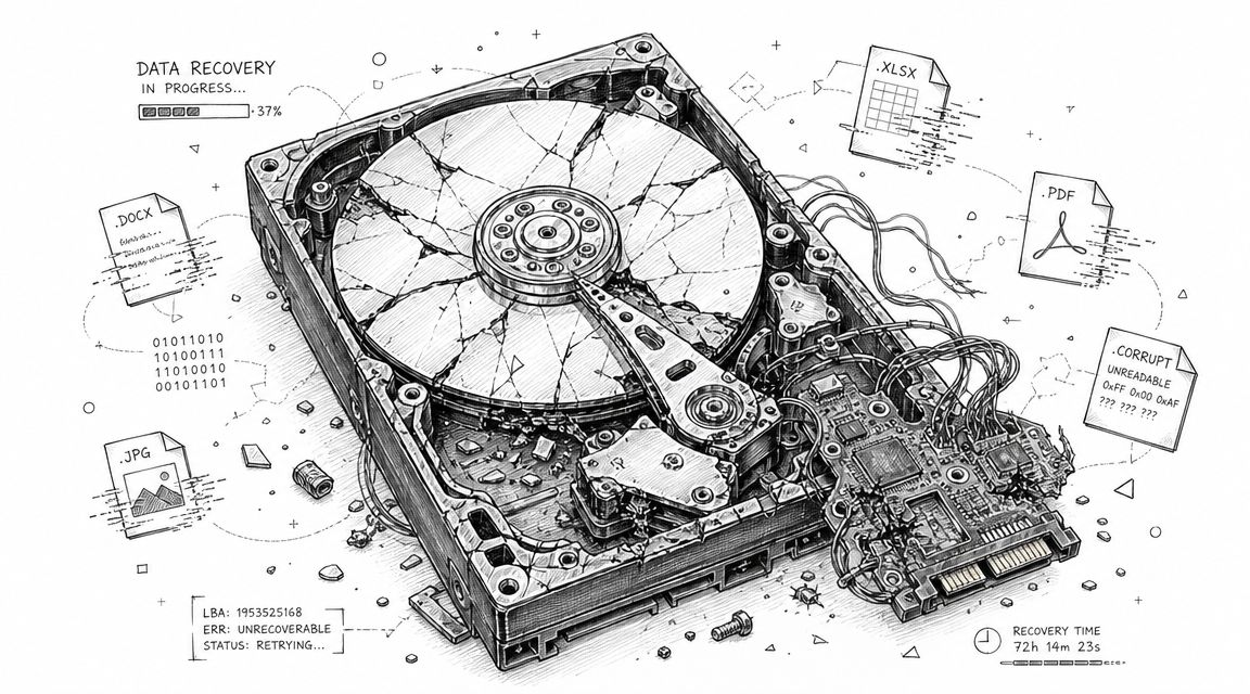 A detailed illustration of a damaged hard drive undergoing a difficult and slow data recovery process.