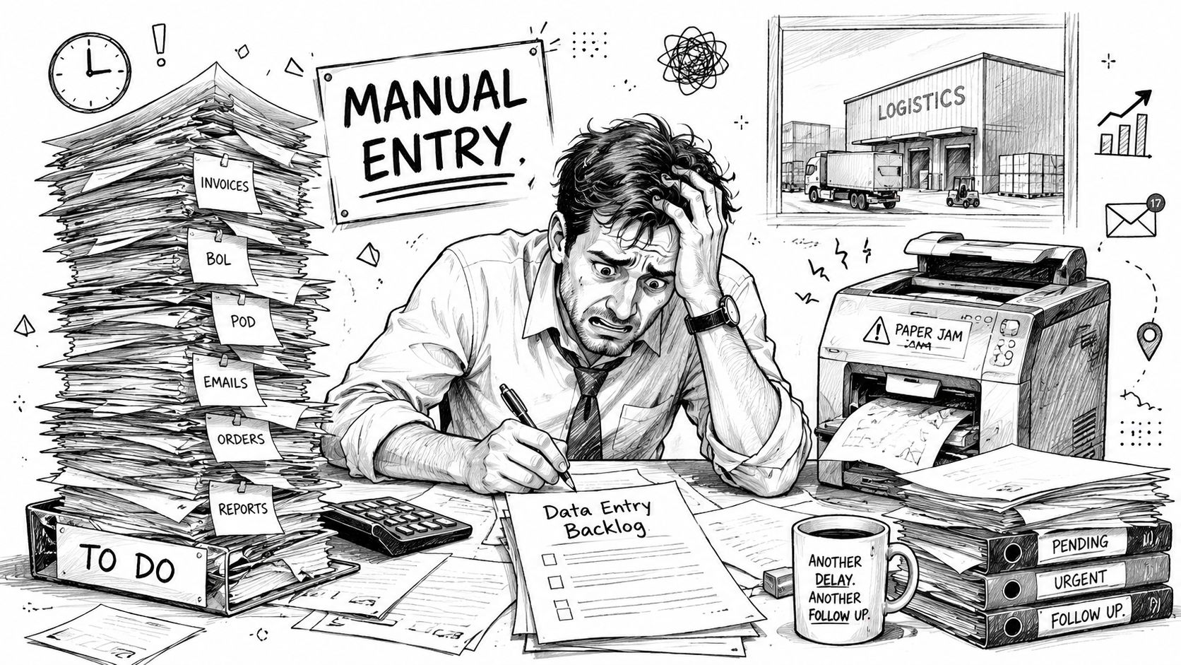 A stressed office worker overwhelmed by massive piles of manual data entry paperwork and logistic documents.