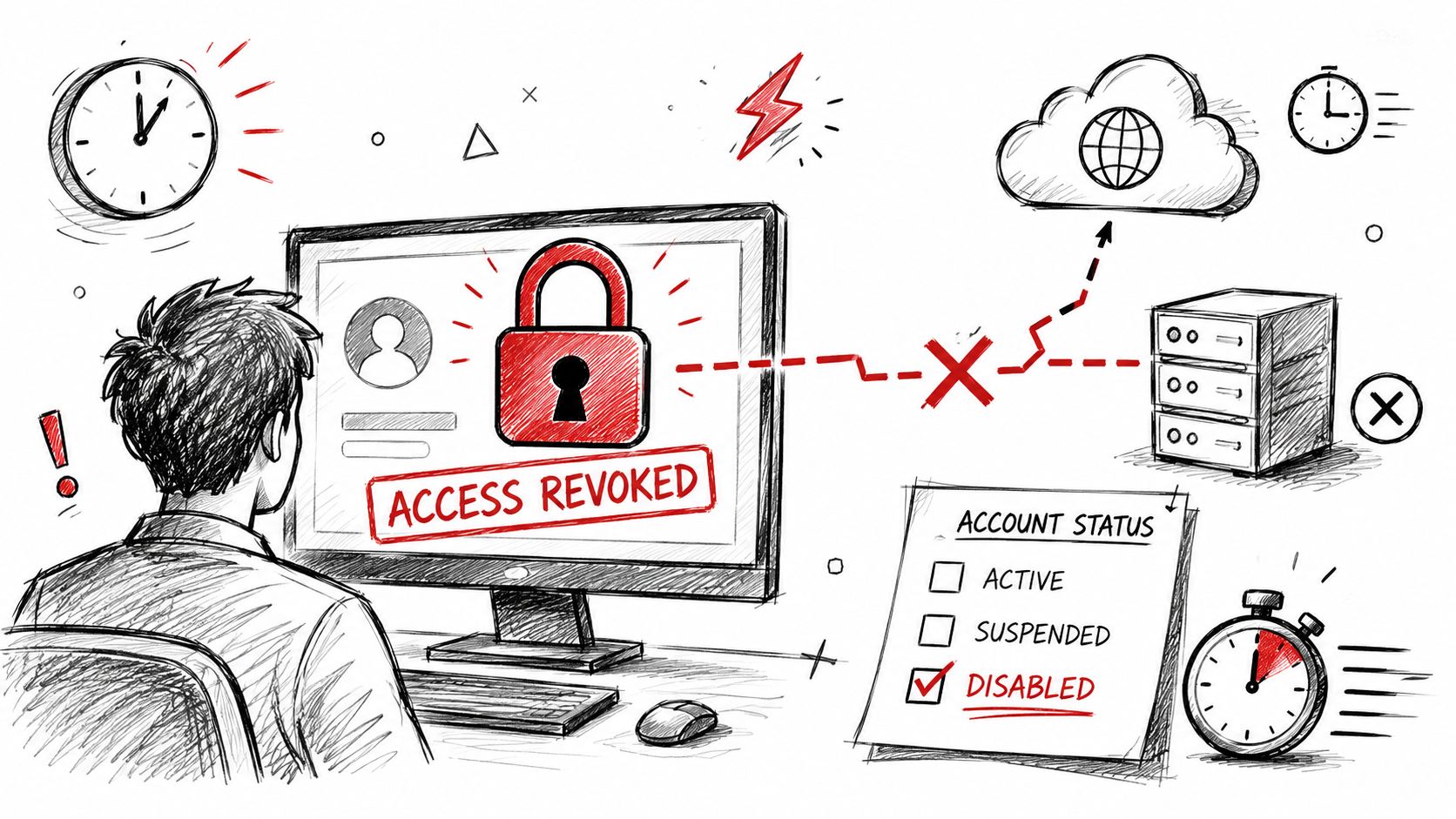 A sketched illustration showing an employee facing a computer screen displaying access revoked and disabled account status.
