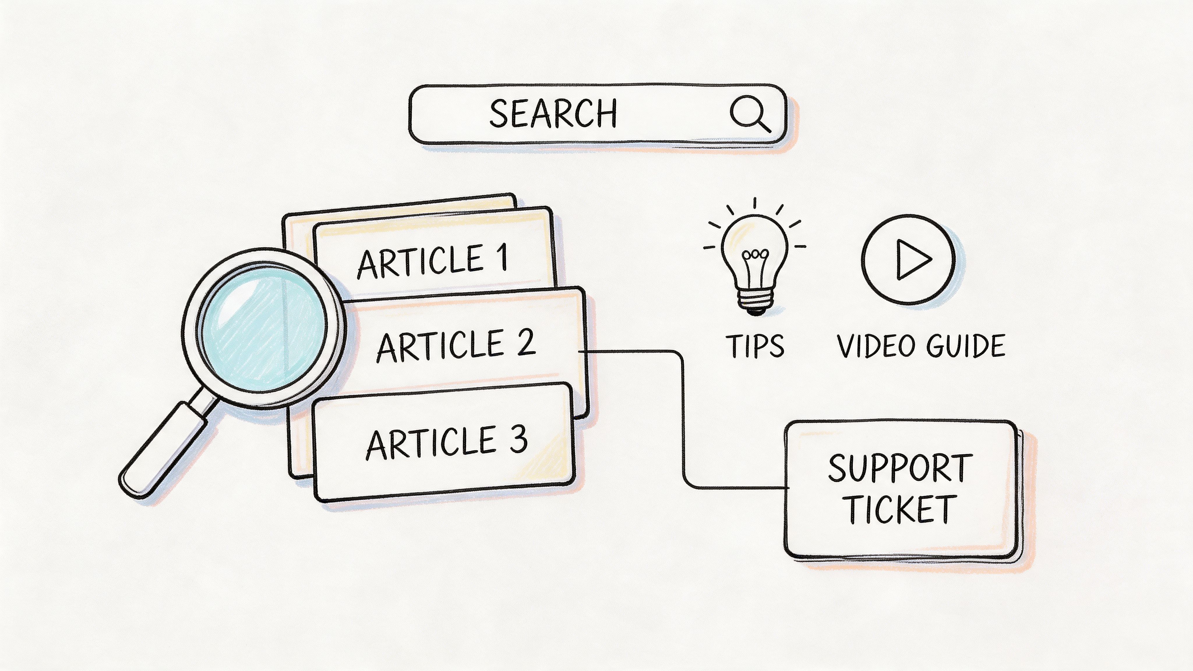 A hand-drawn illustration showing a search bar, knowledge base articles, a lightbulb for tips, and support ticketing.