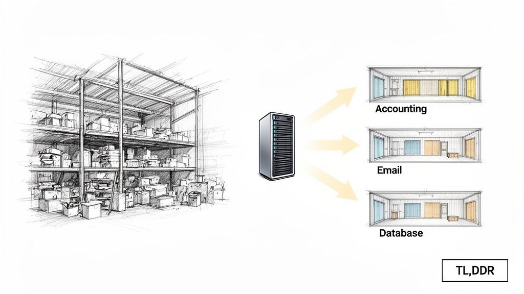Diagram showing a messy storage room, a server, and its virtualization into accounting, email, and database applications.