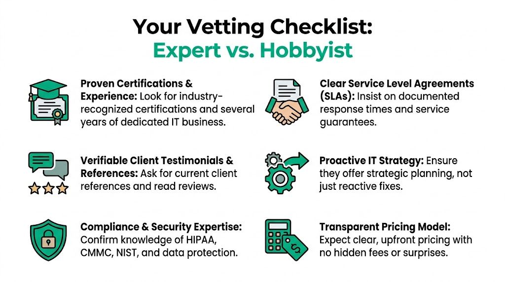 A checklist graphic comparing IT experts and hobbyists to help small businesses vet their IT service providers.
