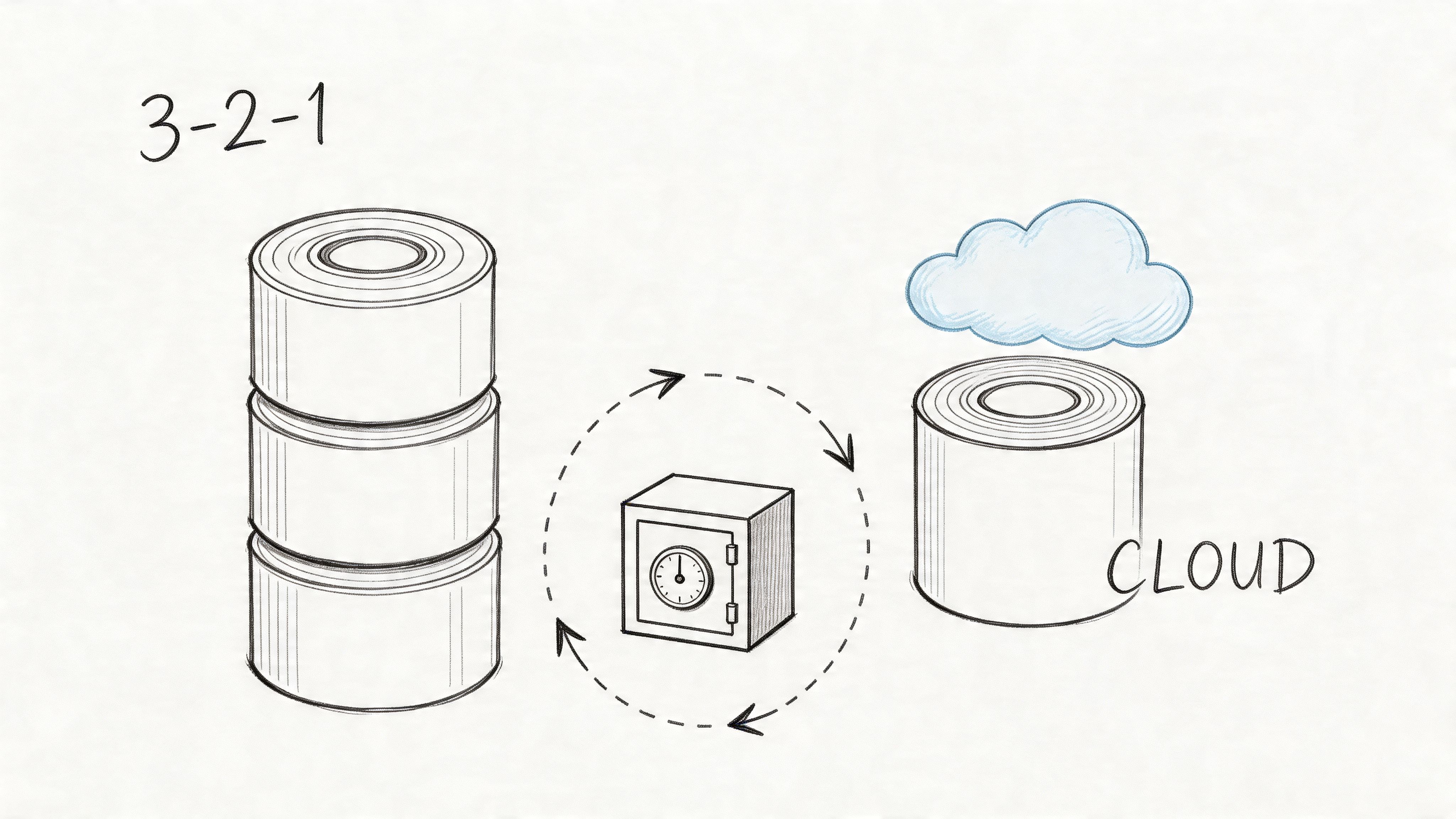 A conceptual diagram showing the 3-2-1 data backup strategy with three data copies, a safe, and cloud storage.