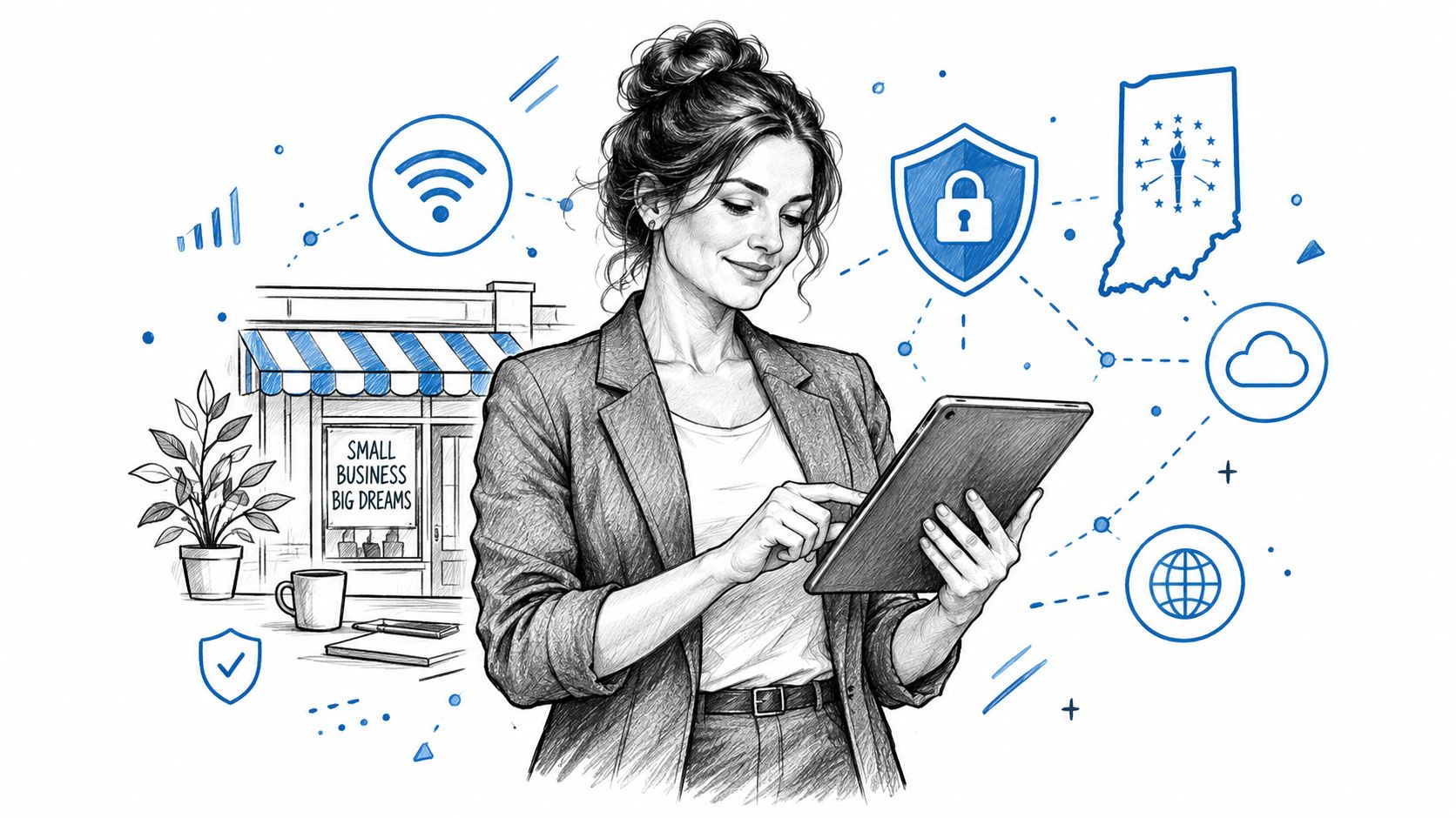 A professional woman uses a tablet for business management in an office with digital connectivity icons.
