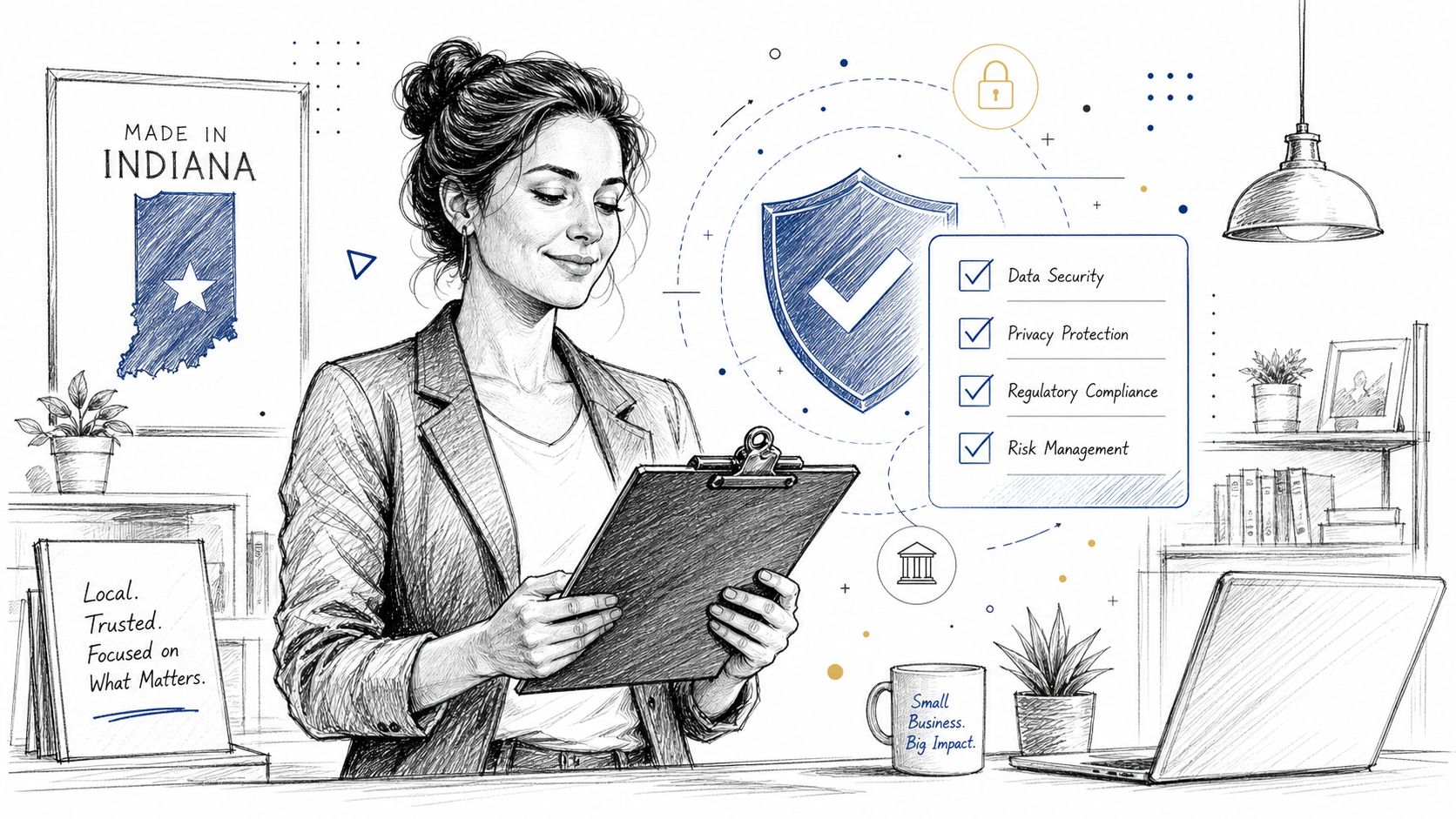 A professional woman checking a clipboard in an office setting highlighting data security and regulatory compliance services.