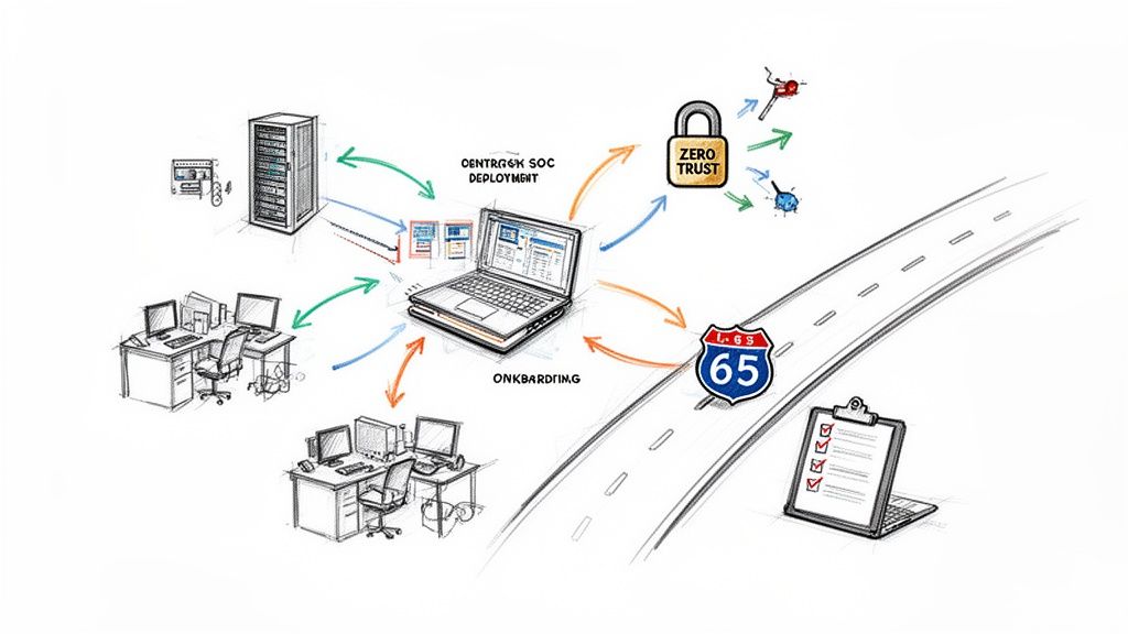 A sketched diagram illustrating IT infrastructure, SOC deployment, onboarding processes, and zero trust security.