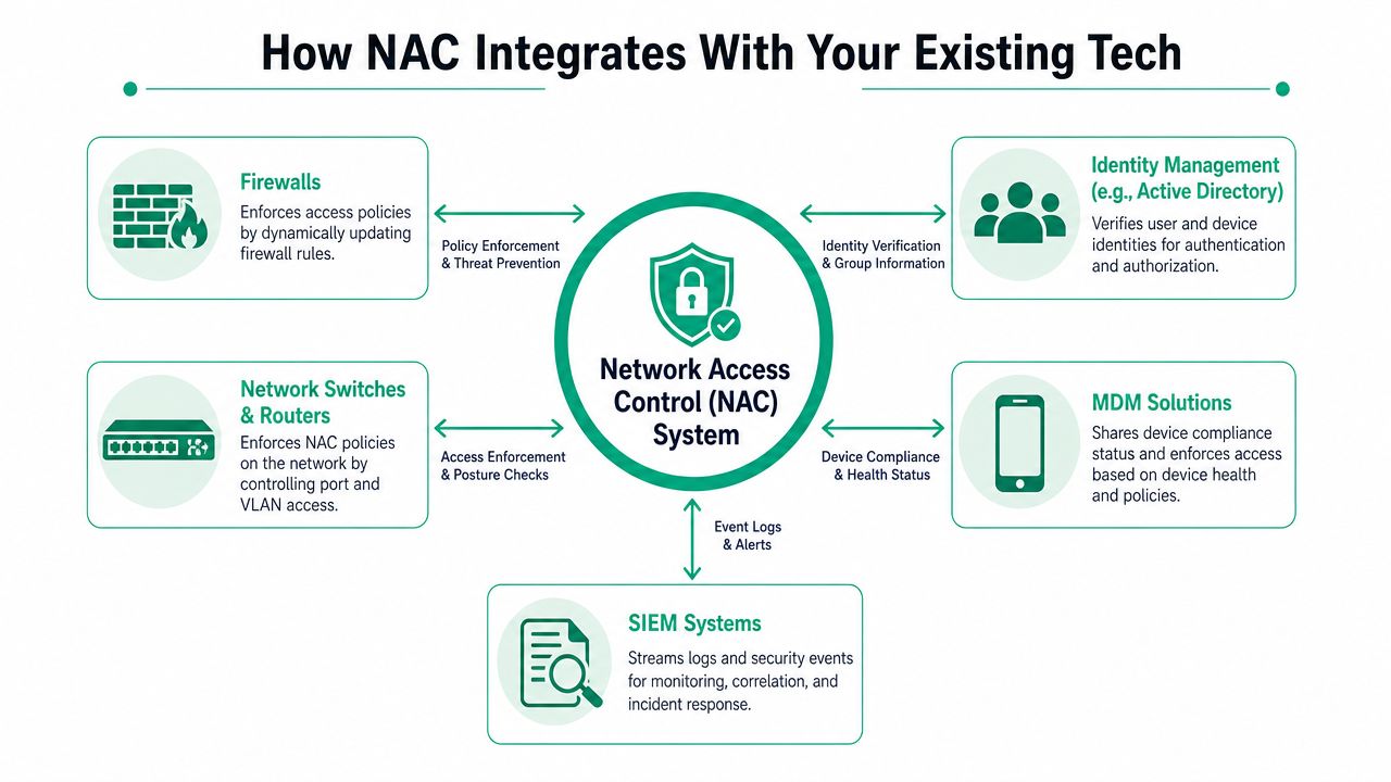 A diagram illustrating how a Network Access Control system integrates with firewalls, identity management, switches, routers, MDM, and SIEM.