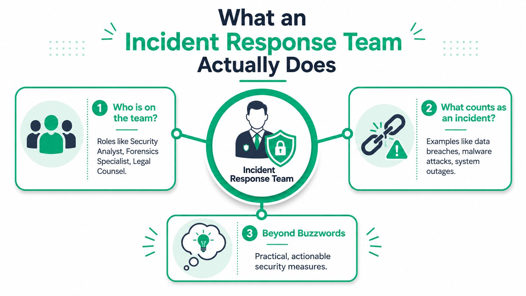 An infographic detailing the roles, definitions, and practical security measures of an incident response team.