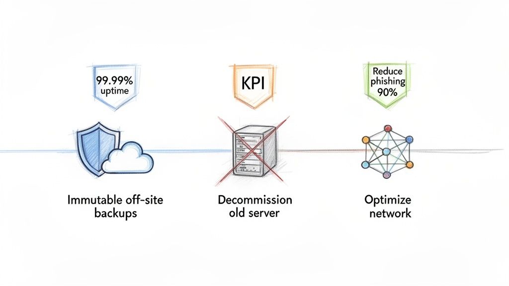 Visual representation of key IT project priorities: backups, server decommissioning, and network optimization with metrics.