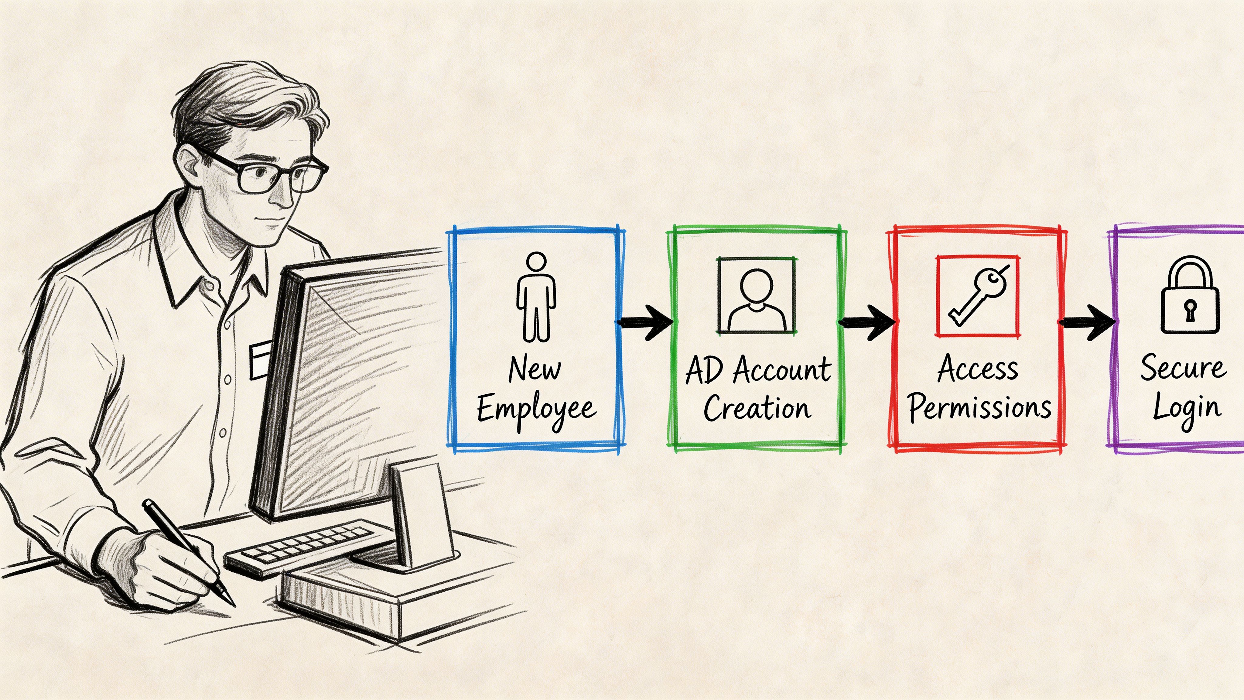 A professional illustration of an IT specialist managing an employee onboarding process through Active Directory workflow steps.