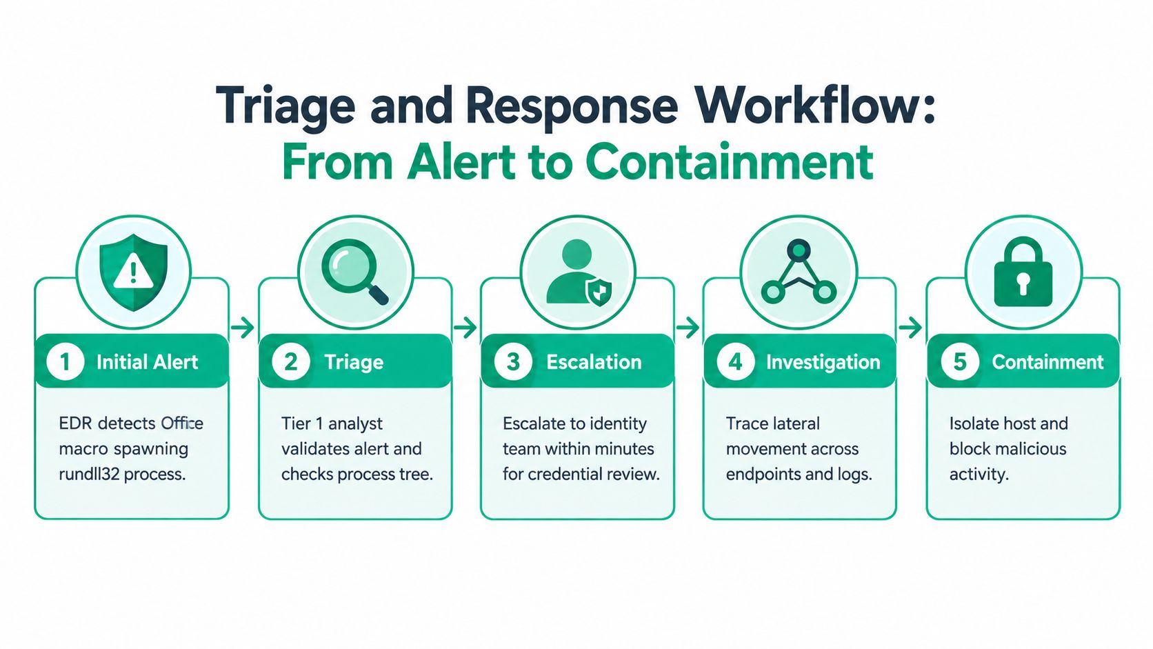 A five-step flowchart illustrating a cybersecurity triage and response workflow from initial alert to containment.