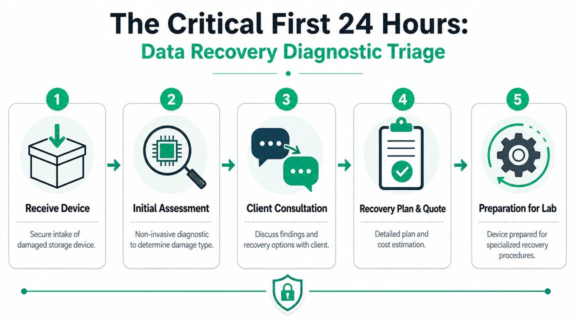 A five-step data recovery diagnostic triage process infographic illustrating the workflow from device intake to laboratory preparation.
