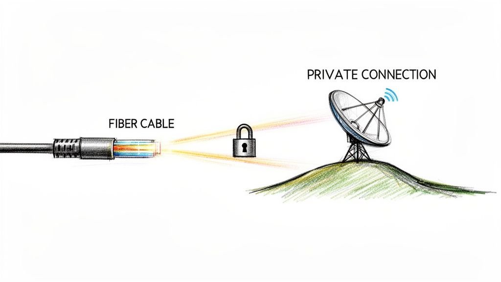 Secure private connection shown with a fiber optic cable, padlock, and satellite dish.