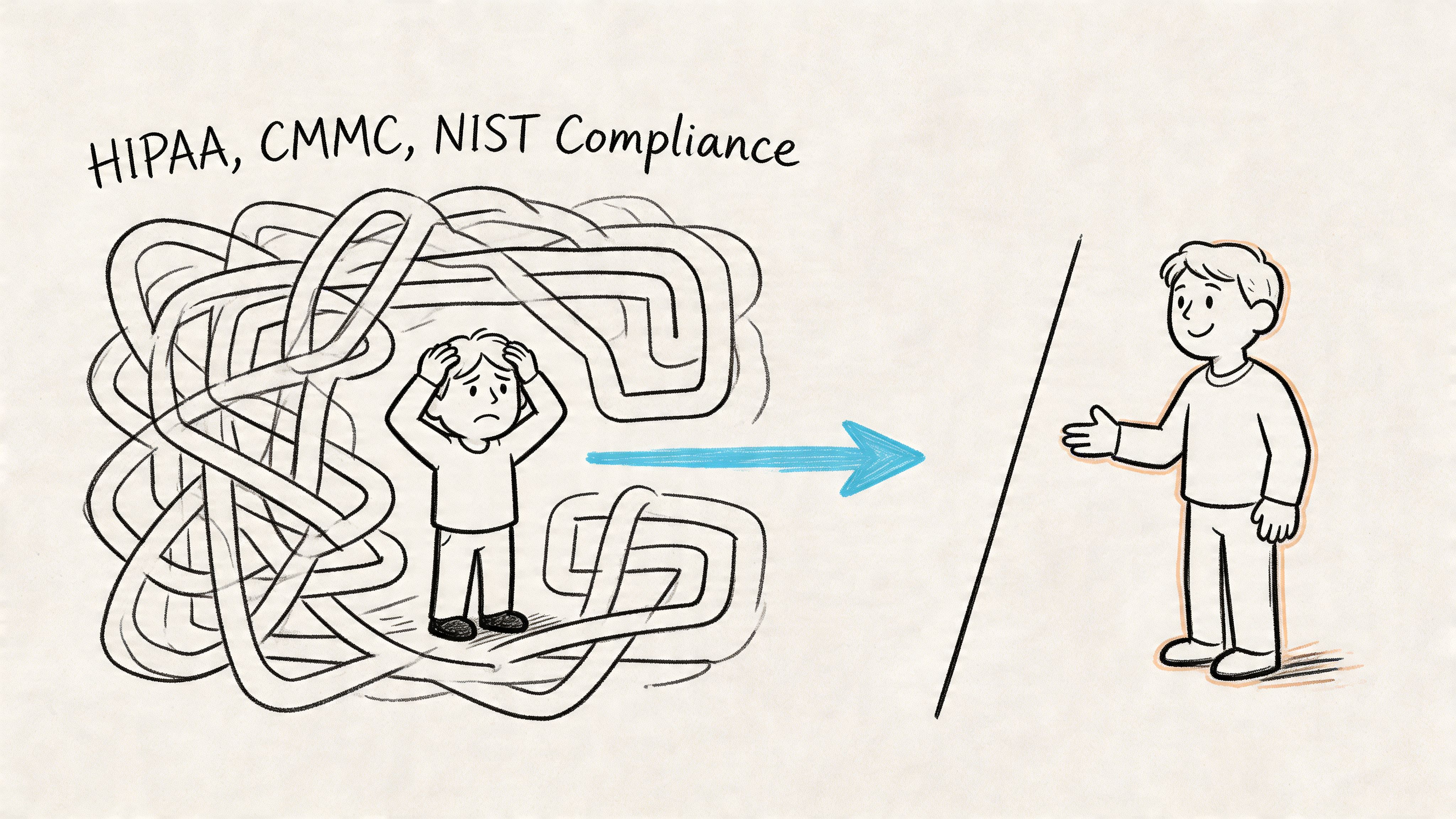 A person feeling overwhelmed by complex regulatory compliance tasks receives guidance from a helpful expert advisor.