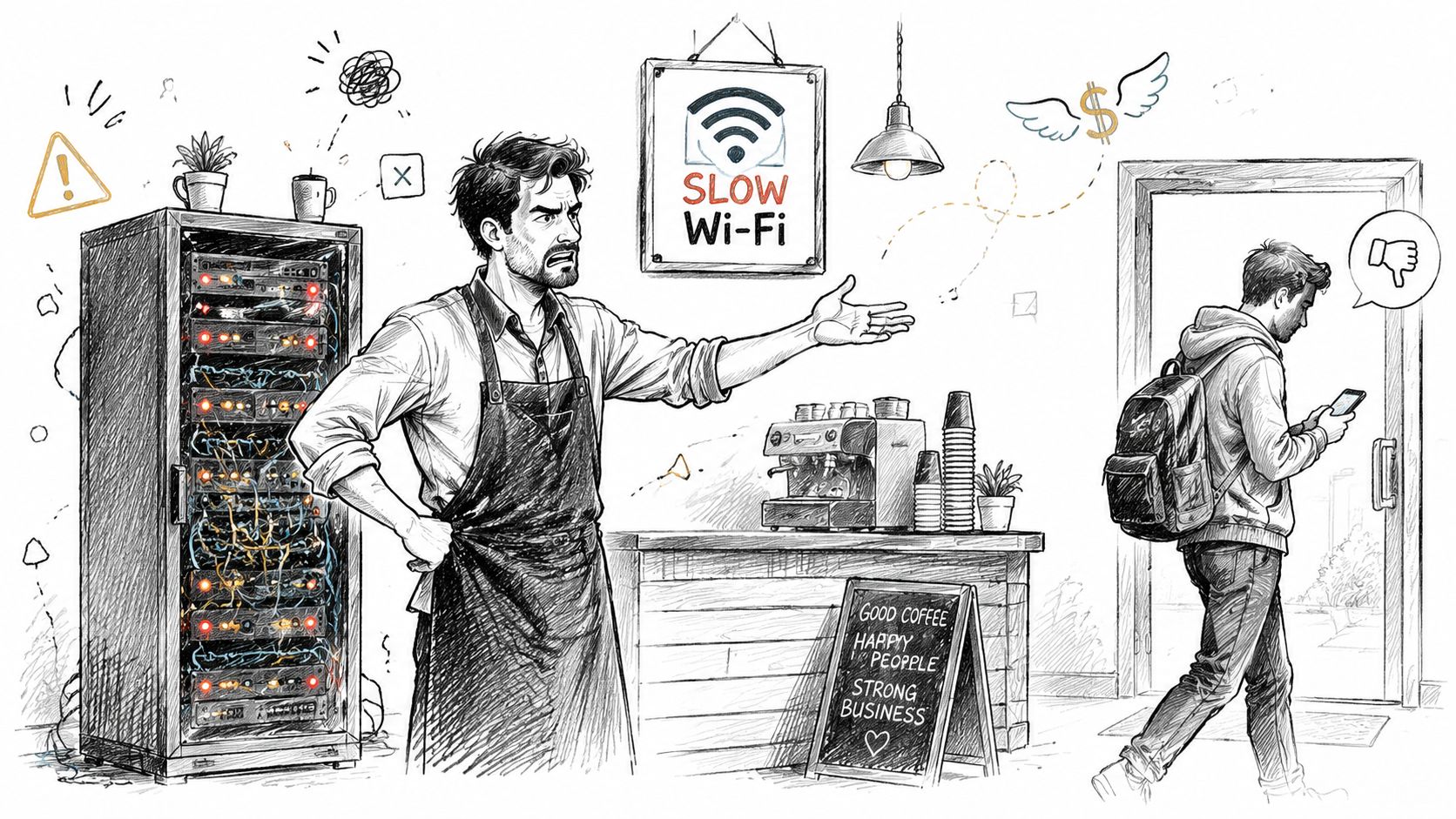 A frustrated coffee shop owner gesturing toward a server rack as a customer leaves due to slow Wi-Fi.