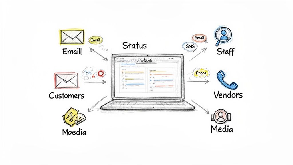 Diagram showing a 'Status' laptop managing communications with customers, staff, vendors, and media.