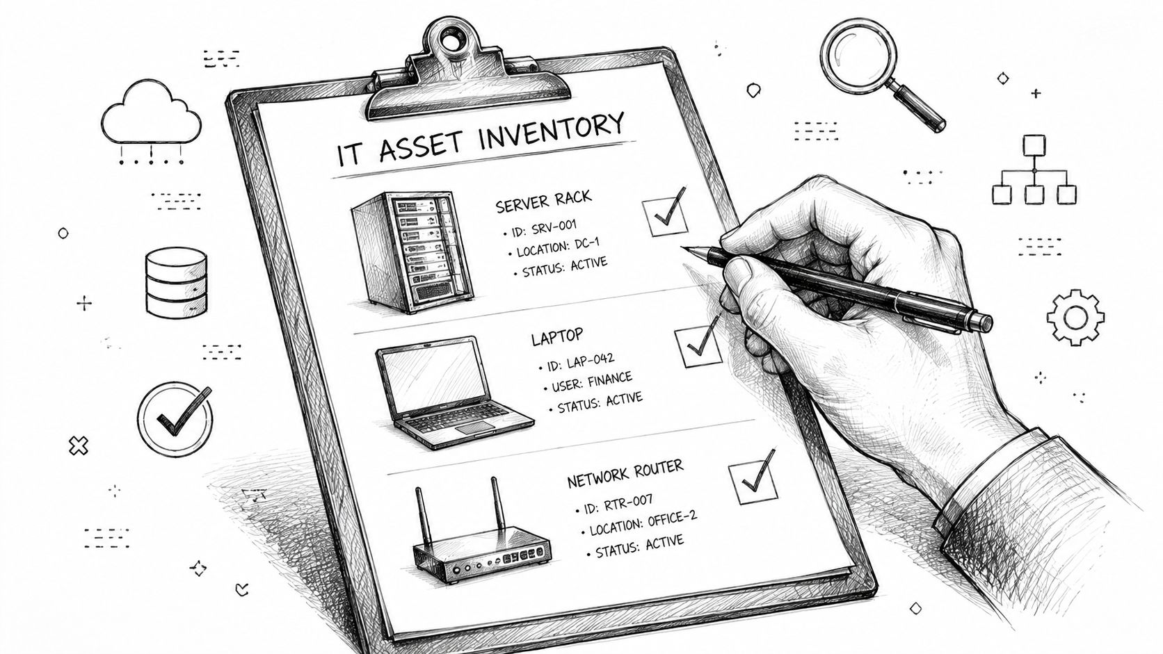 A hand checking off items on an IT asset inventory list featuring a server, laptop, and router.