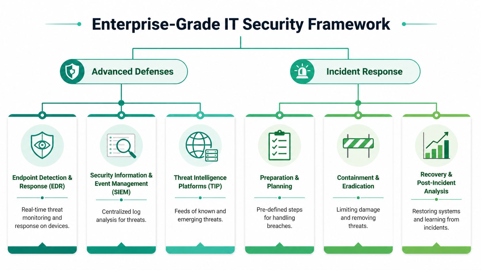A diagram of an enterprise-grade IT security framework illustrating advanced defenses and incident response strategies.