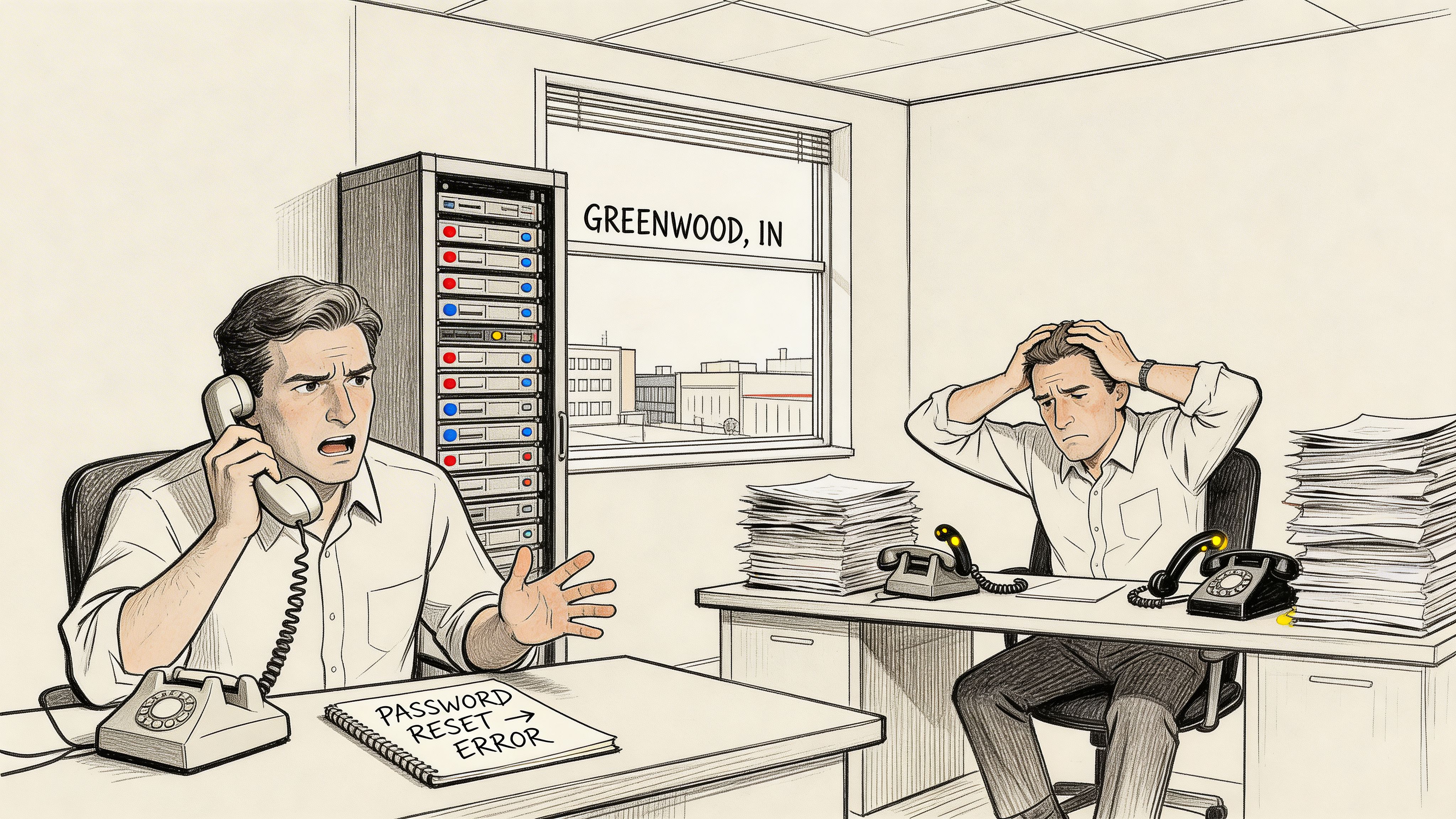 Two stressed office workers struggling with technical support issues in a busy, paper-filled work environment.