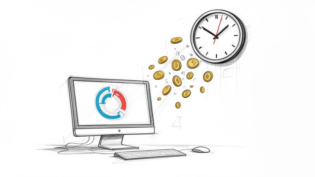 Hand-drawn illustration of a computer displaying a circular chart with coins flowing from a clock.