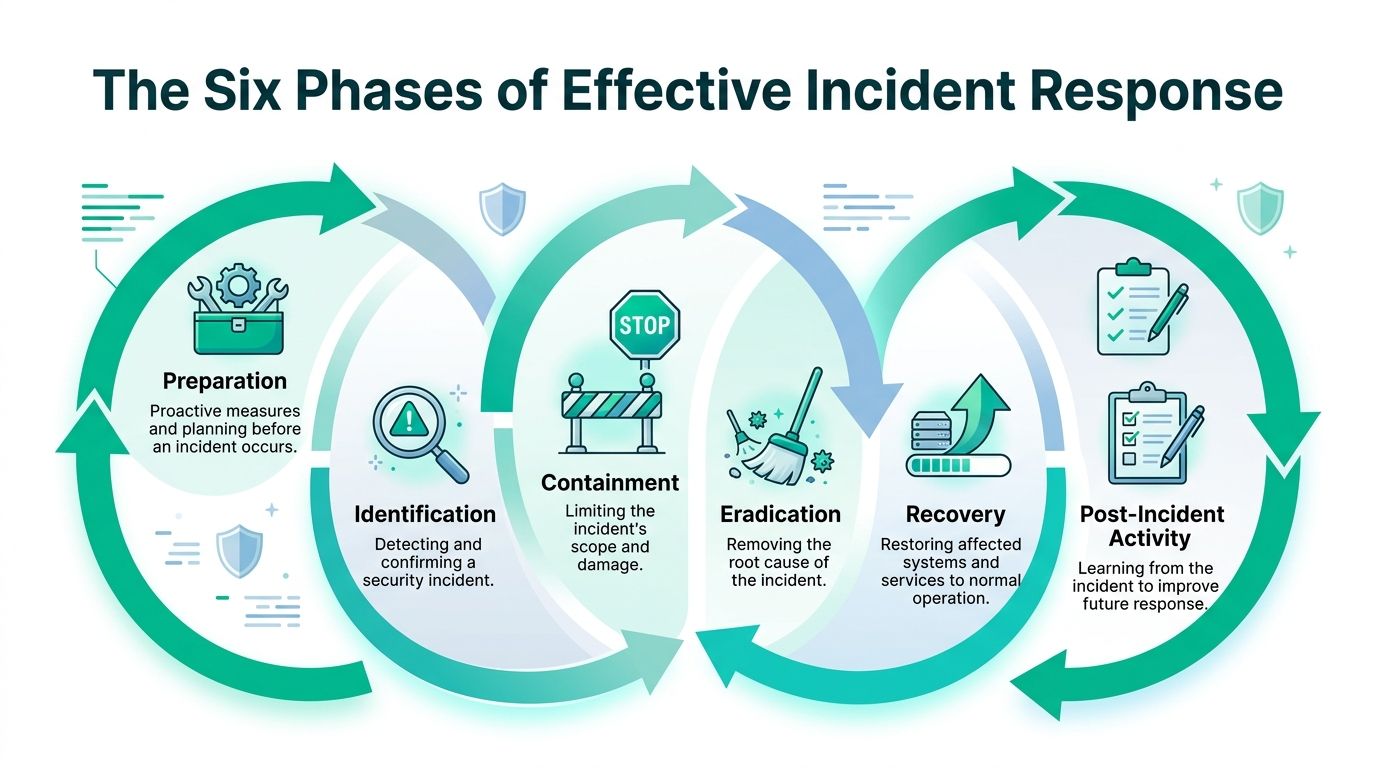 A diagram illustrating the six phases of effective incident response for cybersecurity and threat management processes.