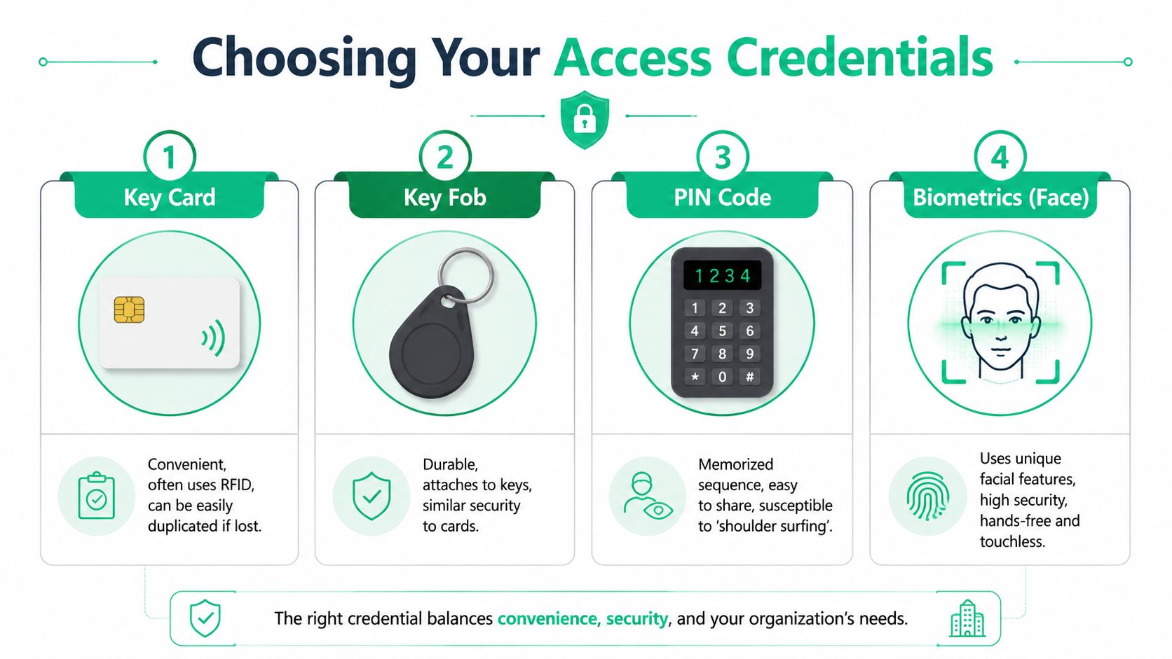 An infographic comparing four types of access credentials: key cards, key fobs, PIN codes, and facial biometrics.