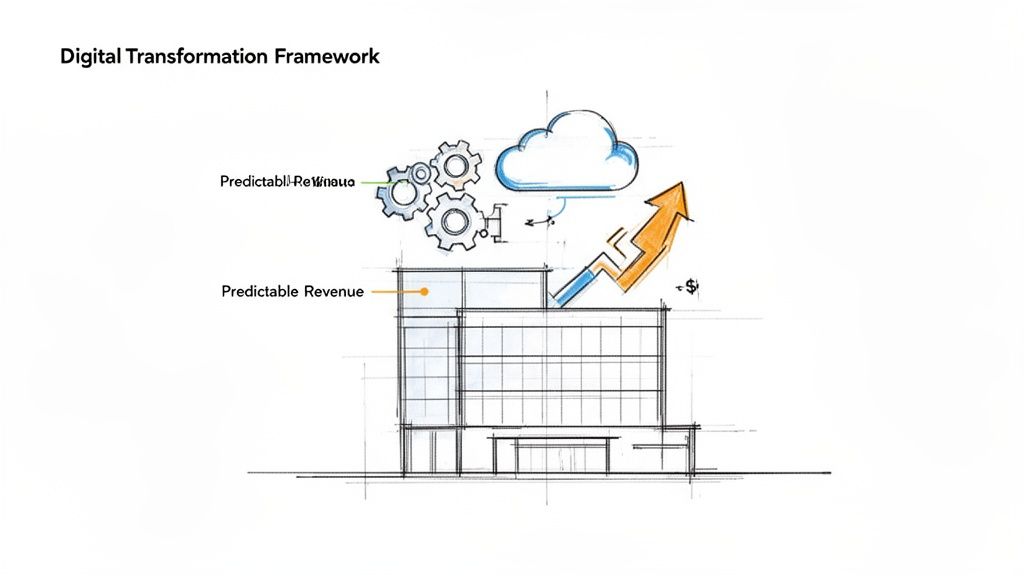 A hand-drawn diagram illustrating a digital transformation framework, showing gears, cloud, and predictable revenue growth.