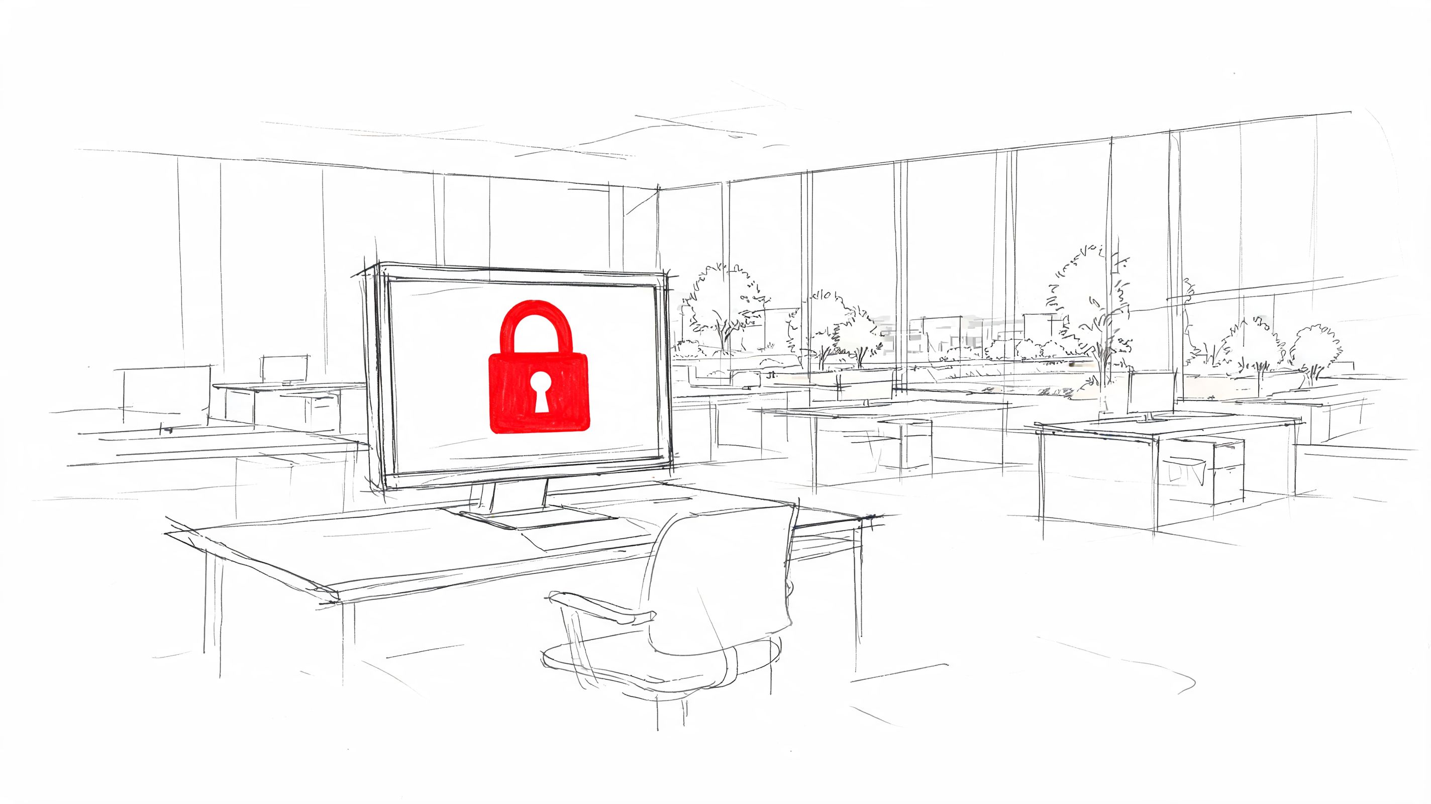 A pencil sketch of an office desk with a computer monitor showing a red locked padlock icon.