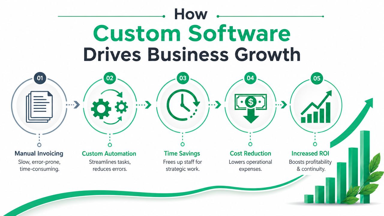 A process flow chart illustrating how custom software development drives business growth through automation and efficiency.
