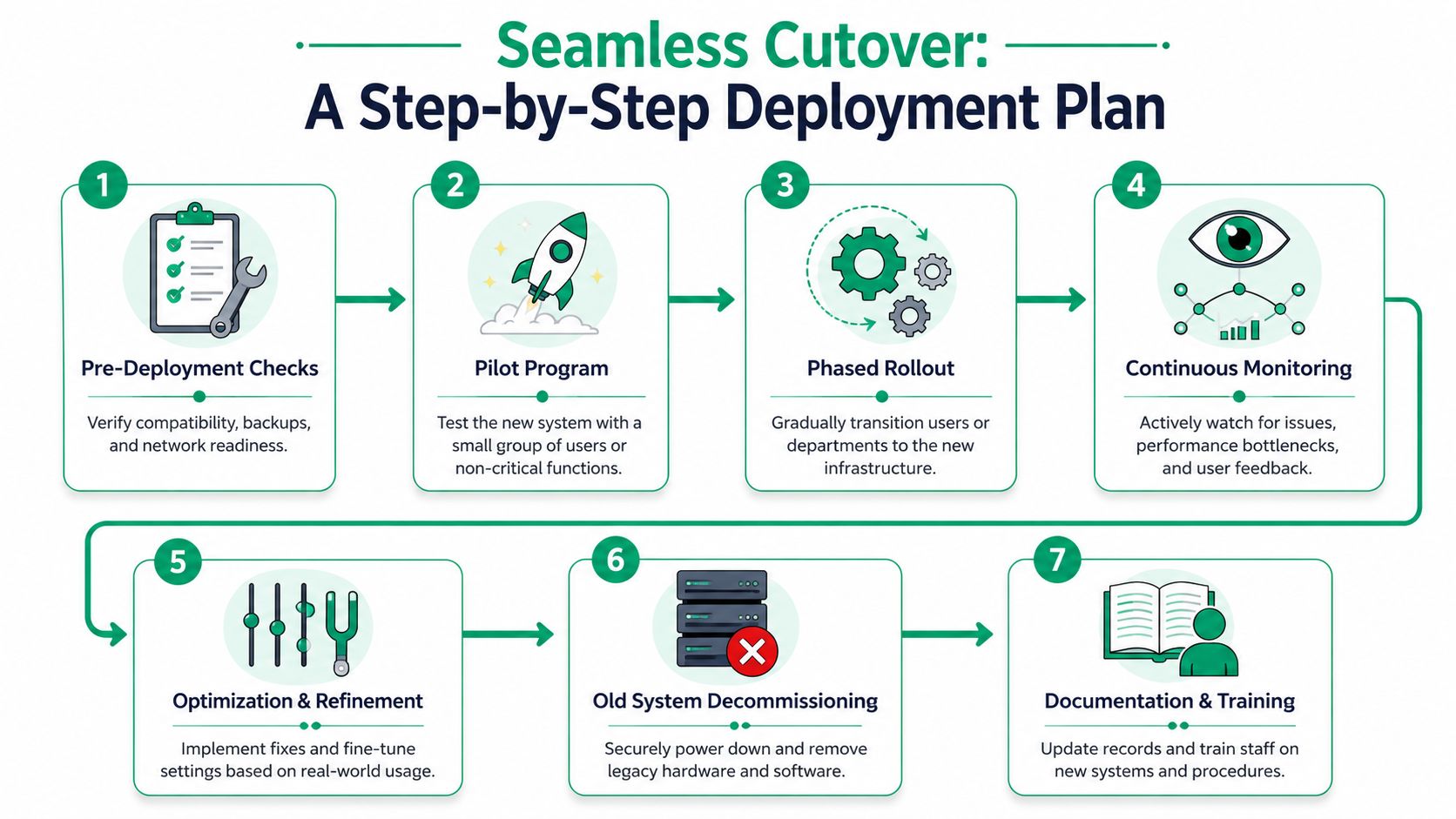 A seven-step flowchart illustrating the professional process for a seamless network infrastructure deployment and system cutover.