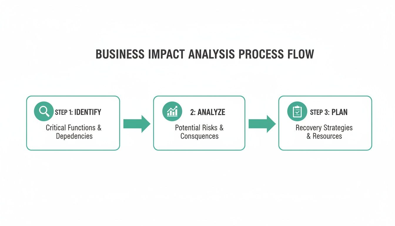 A three-step Business Impact Analysis process flow illustrating identify, analyze, and plan stages.