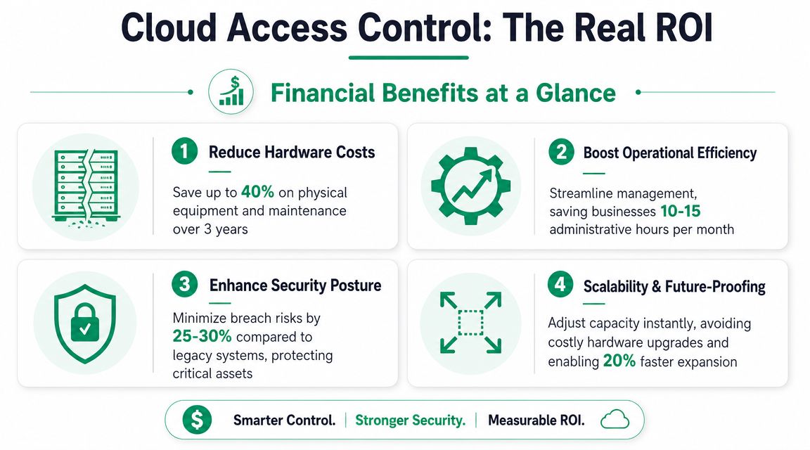 An infographic showing the financial benefits and ROI of implementing cloud-based access control systems for businesses.