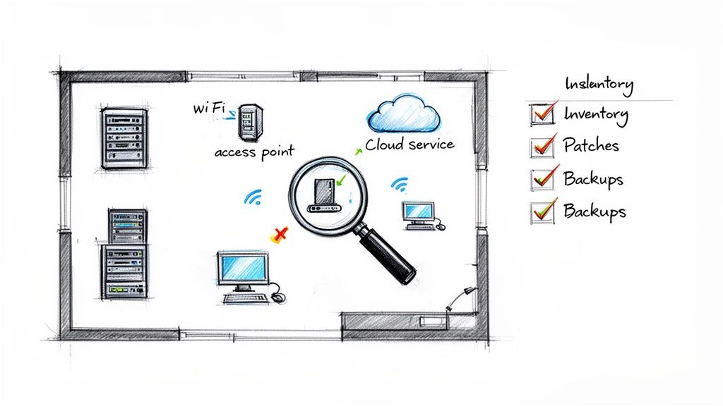 A sketch of an IT room with servers, computers, Wi-Fi, cloud services, and a checklist for inventory, patches, and backups.