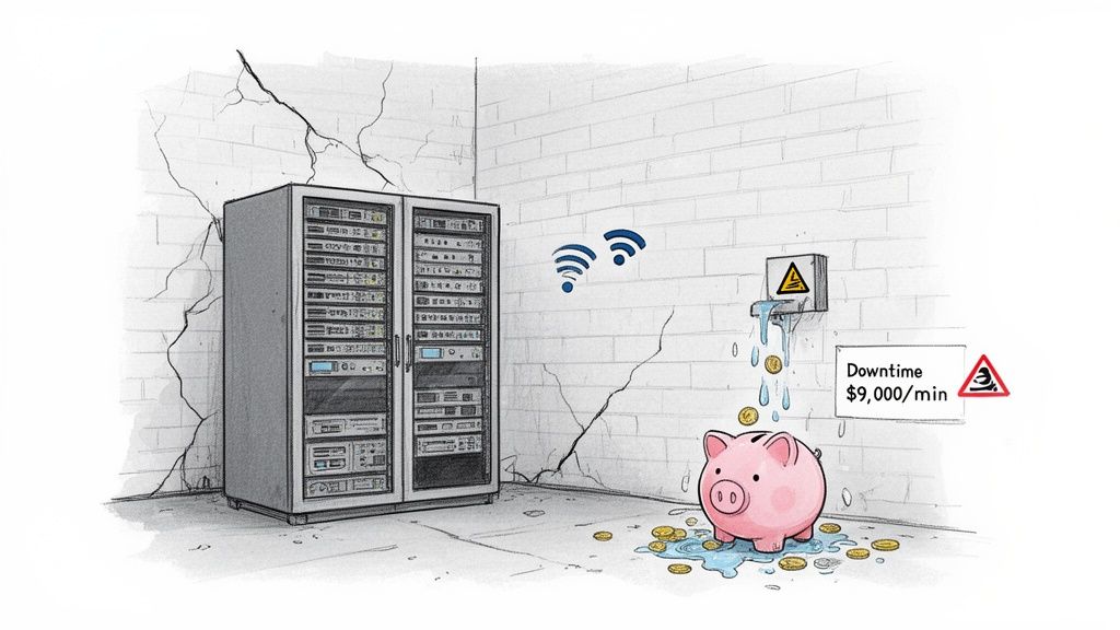 Illustration depicting costly IT downtime, with server racks in a damaged room, water leaking onto a piggy bank.