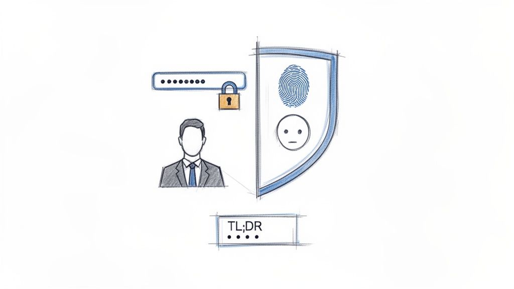 Illustration comparing traditional password authentication (with a lock) to modern biometric security (fingerprint, face scan) protected by a shield.