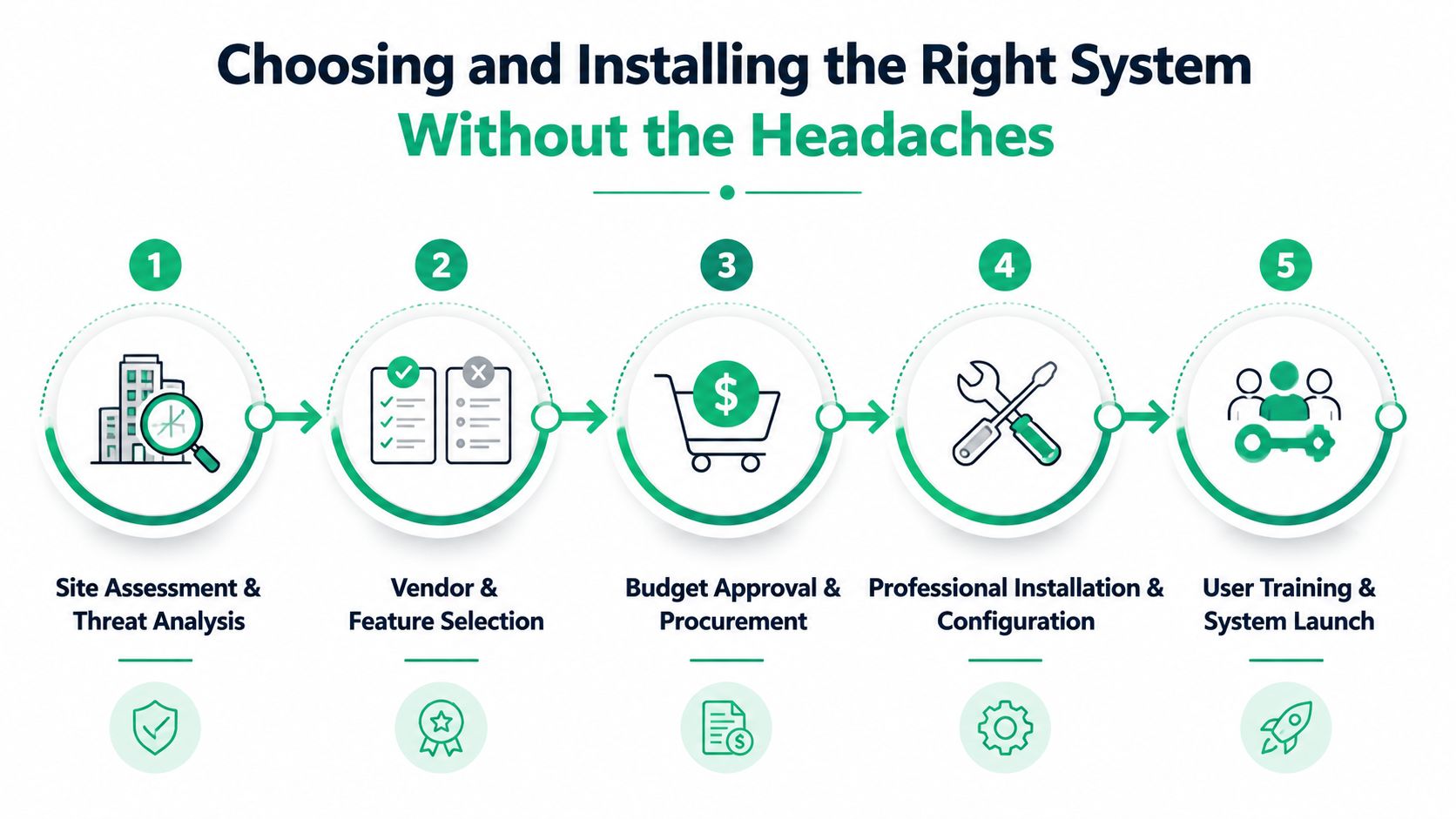 A five-step infographic showing the process of choosing and installing a new security system.