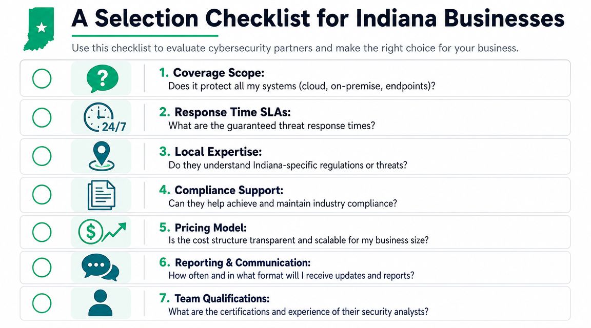 A checklist for Indiana businesses to evaluate cybersecurity partners, featuring seven key criteria for choosing a provider.
