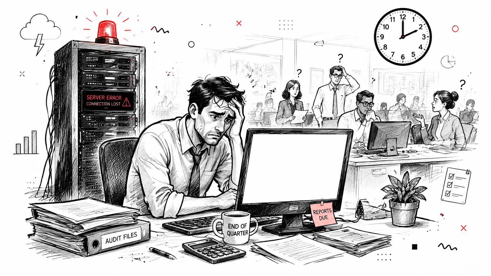Stressed office employee looking at a computer screen during an IT server outage and end of quarter.
