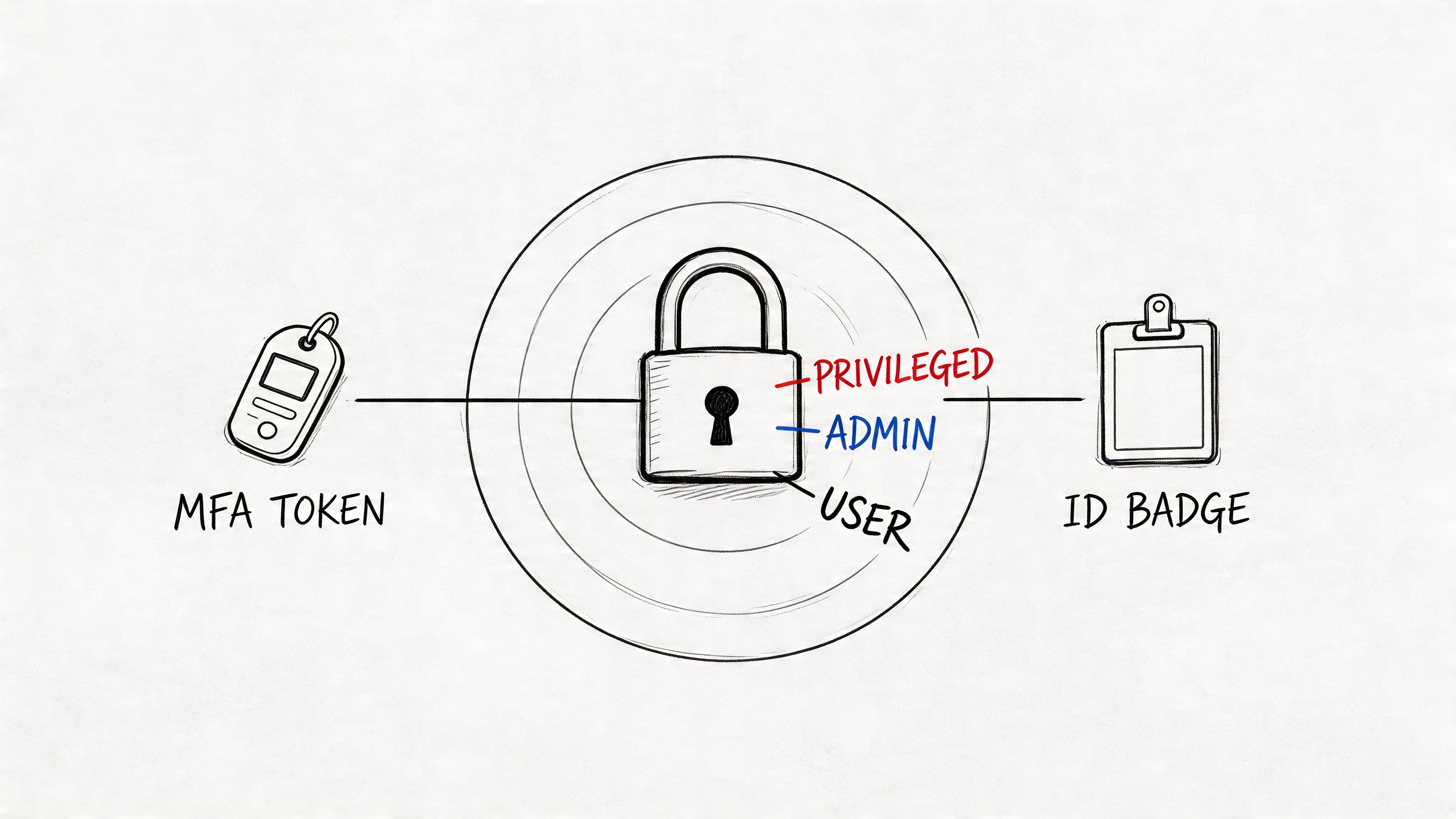 A hand-drawn illustration showing an MFA token and ID badge connecting to a secure padlock icon.