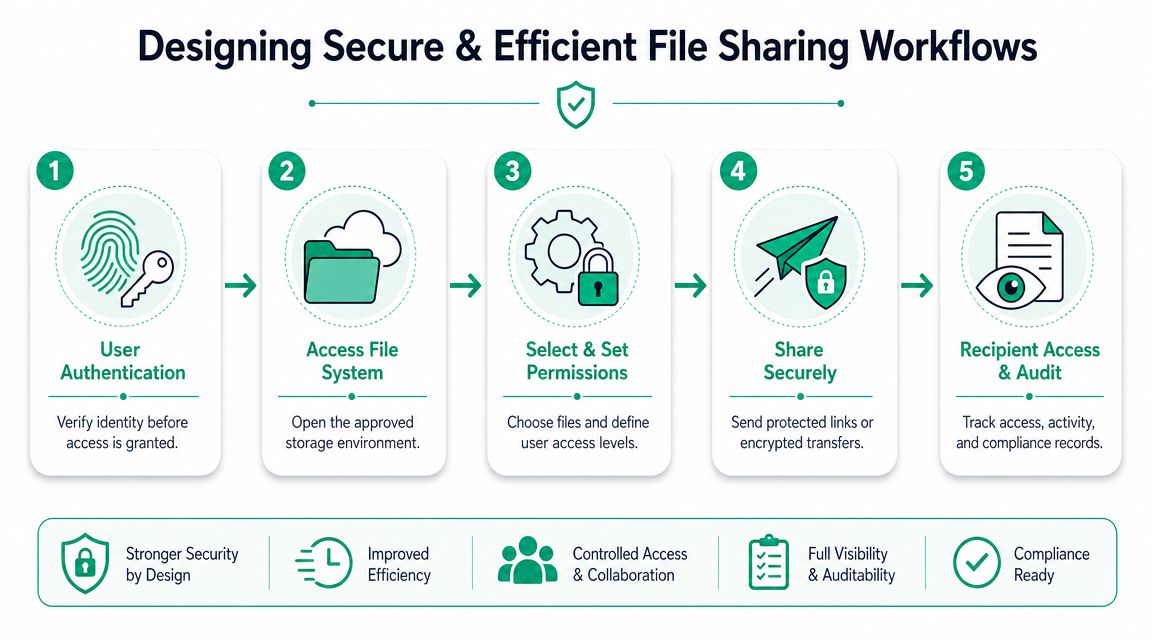 A five-step infographic detailing a secure and efficient file sharing workflow for businesses and organizations.