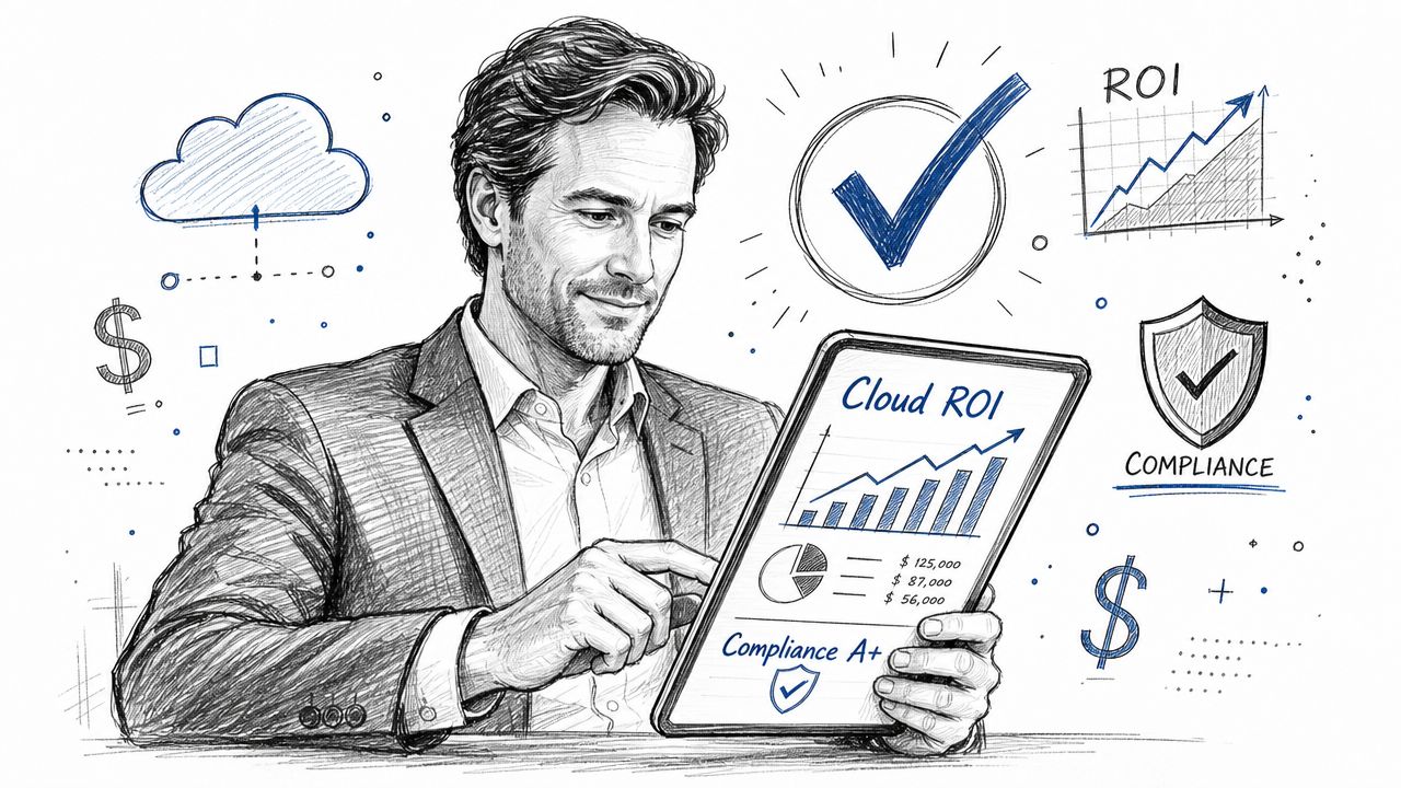 A professional man reviewing cloud ROI and compliance data on a digital tablet in a sketch style.