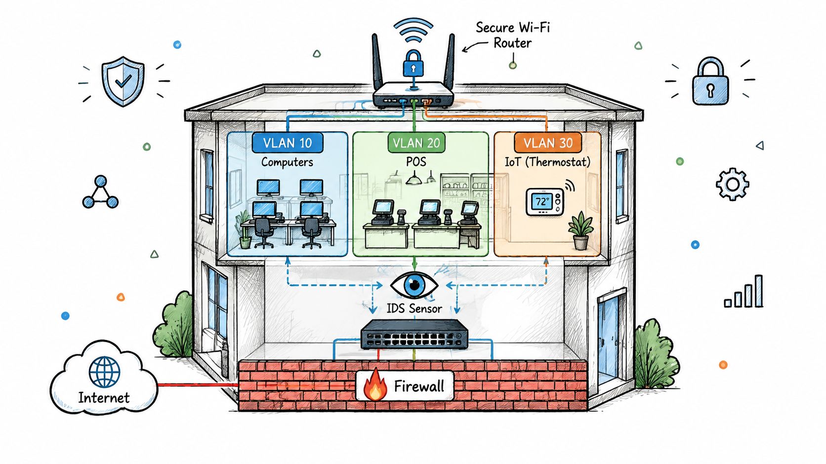 A diagram illustrating network security architecture for a small business using segmented VLANs and a firewall.