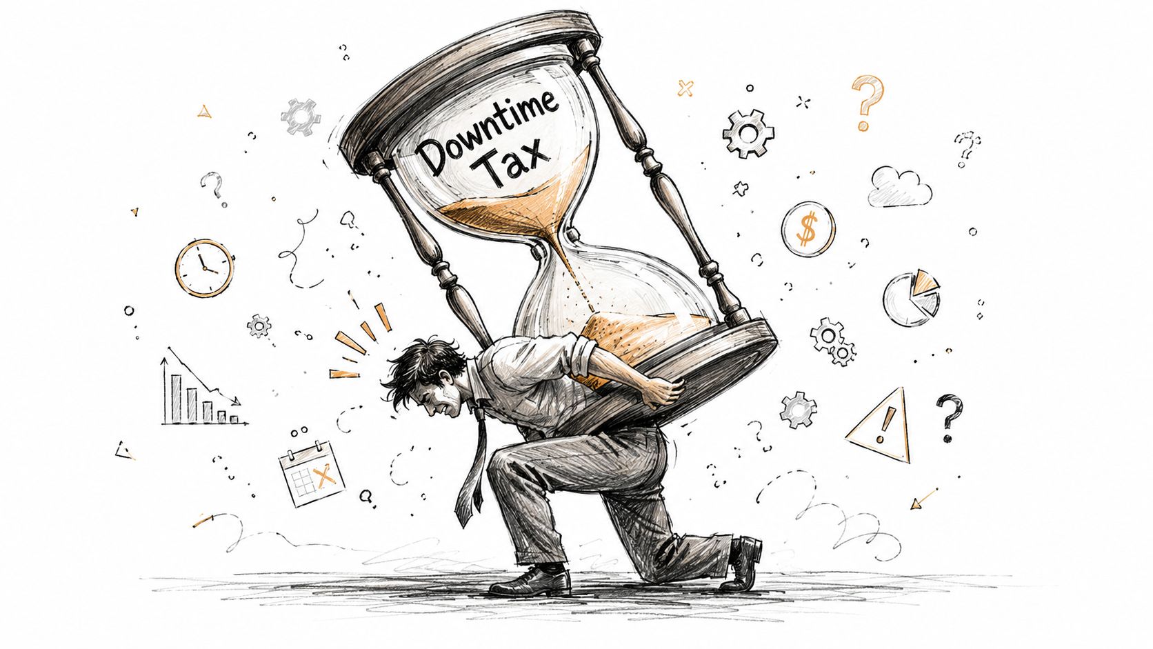 A man in a suit straining to carry a giant hourglass labeled Downtime Tax on his back.