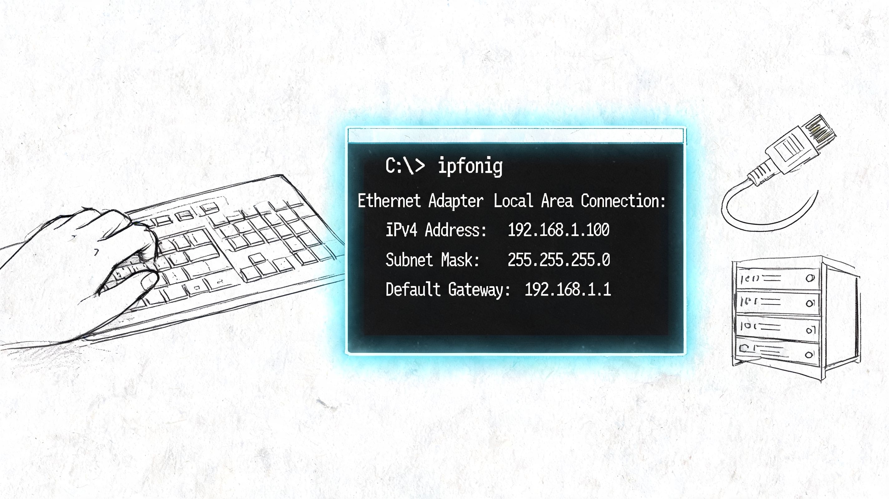 A hand typing on a keyboard, displaying network configuration details like IPv4 address on a computer screen.