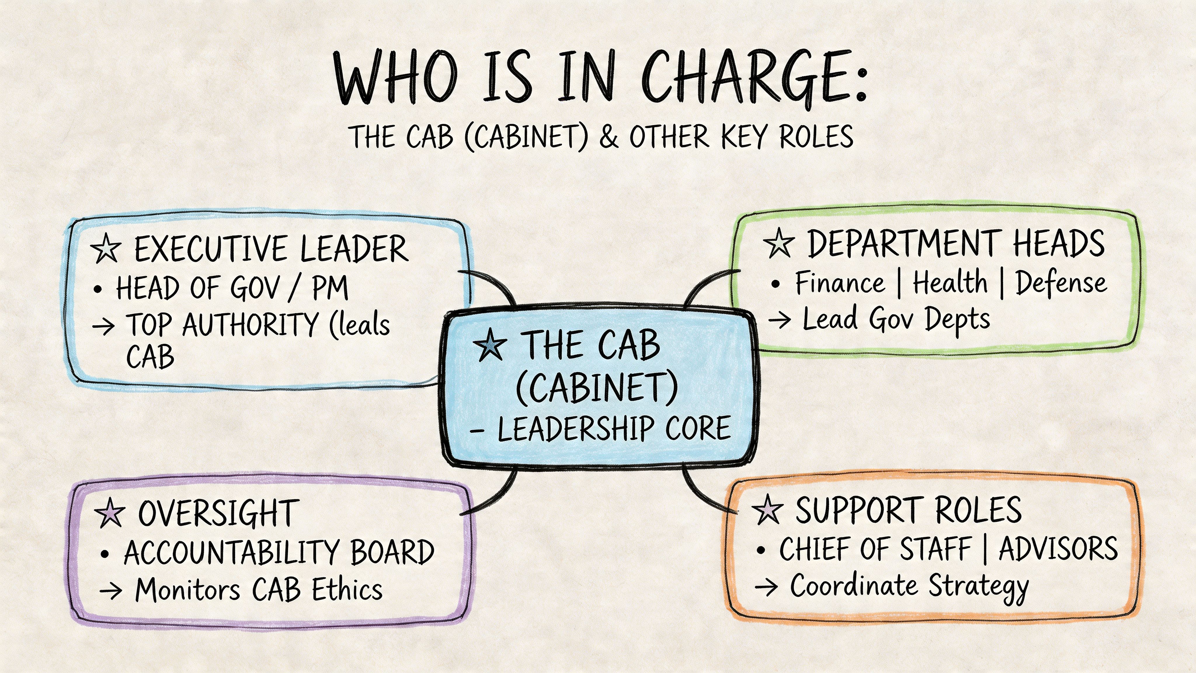 A diagram illustrating the key roles of the cabinet in leadership and government organizational structure.